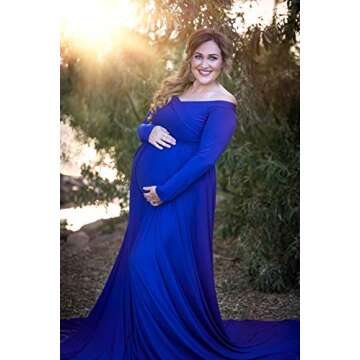 Saslax Maternity Off Shoulders Long Sleeve Half Circle Gown for Baby Shower Photo Props Dress Blue Large