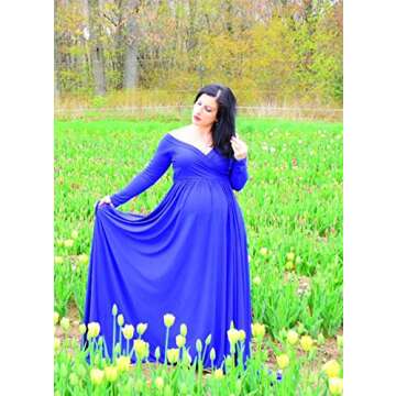 Saslax Maternity Off Shoulders Long Sleeve Half Circle Gown for Baby Shower Photo Props Dress Blue Large