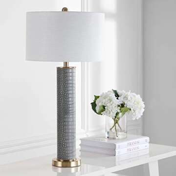SAFAVIEH Lighting Collection Ollie Modern Contemporary Grey Faux Alligator 32-inch Bedroom Living Room Home Office Desk Nightstand Table Lamp Set of 2 (LED Bulbs Included)