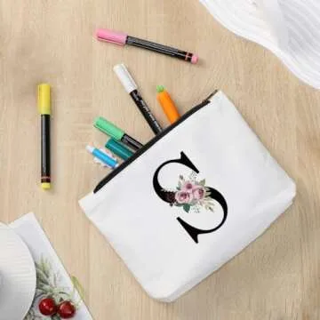 KongMoTree Initial S Personalized Floral Makeup Bag, Bride Bridesmaid Cosmetic Bag Gifts, Birthday Gifts for Women Mom Grandma Teachers, Travel Make Up Bag Gifts for Best Friend