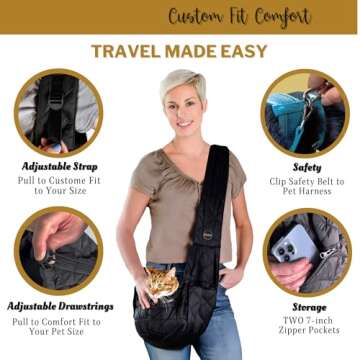 SUSU Cat Sling Carrier – Soft & Secure Cat Sling for Travel | Adjustable Small Dog Carrier Sling & Hands-Free Cat Pouch Sling for Small Pets Up to 9lbs (Silk Black)