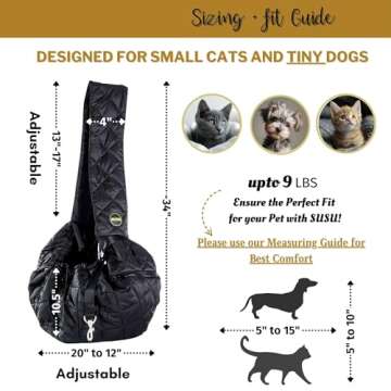 SUSU Cat Sling Carrier – Soft & Secure Cat Sling for Travel | Adjustable Small Dog Carrier Sling & Hands-Free Cat Pouch Sling for Small Pets Up to 9lbs (Silk Black)