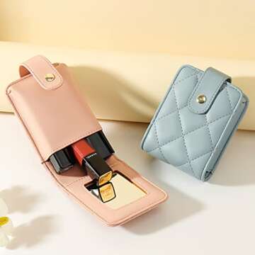 Wabilu Cute Makeup Lipstick Case Portable Lipsticks Holder With Mirror Lip Gloss Purse Travel Cosmetic Pouch For Women Girls