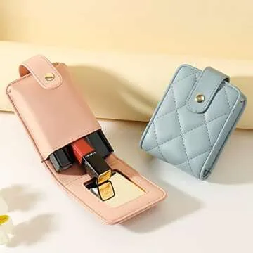 Wabilu Cute Makeup Lipstick Case Portable Lipsticks Holder With Mirror Lip Gloss Purse Travel Cosmetic Pouch For Women Girls