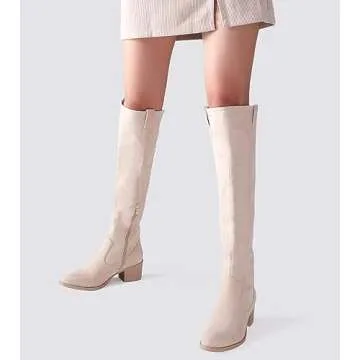 Shoe'N Tale Women's Over The Knee Thigh High Chunky Heel Pointed Toe Faux Suede Side Zipper Fall Weather Winter Boots(9.5,Beige)