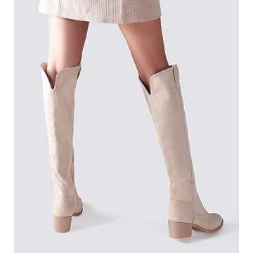 Shoe'N Tale Women's Over The Knee Thigh High Chunky Heel Pointed Toe Faux Suede Side Zipper Fall Weather Winter Boots(9.5,Beige)