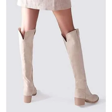 Shoe'N Tale Women's Over The Knee Thigh High Chunky Heel Pointed Toe Faux Suede Side Zipper Fall Weather Winter Boots(9.5,Beige)