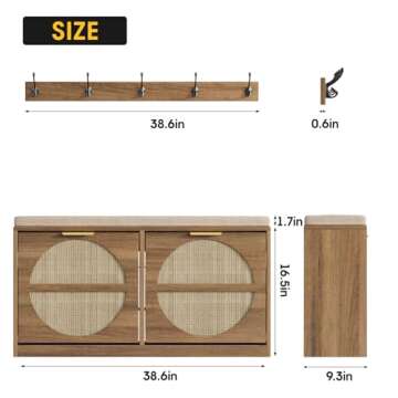 Maupvit Rattan Entryway Bench with Seat Cushion & Coat Rack, Shoe Storage Cabinet with 2 Flip Drawer...