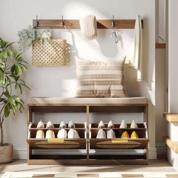 Maupvit Rattan Entryway Bench with Seat Cushion & Coat Rack, Shoe Storage Cabinet with 2 Flip Drawers, Narrow Shoe Rack, 5 Sturdy Metal Hooks, Rustic Oak Rattan