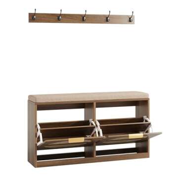 Maupvit Rattan Entryway Bench with Seat Cushion & Coat Rack, Shoe Storage Cabinet with 2 Flip Drawers, Narrow Shoe Rack, 5 Sturdy Metal Hooks, Rustic Oak Rattan