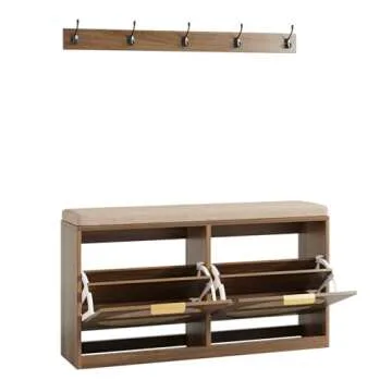 Maupvit Rattan Entryway Bench with Seat Cushion & Coat Rack, Shoe Storage Cabinet with 2 Flip Drawers, Narrow Shoe Rack, 5 Sturdy Metal Hooks, Rustic Oak Rattan