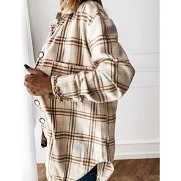 StunShow Ladies Button Shirt Long-Sleeved Plaid top Regular-fit Casual T-Shirt with Pockets Khaki Sm...