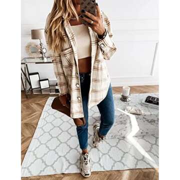 StunShow Ladies Button Shirt Long-Sleeved Plaid top Regular-fit Casual T-Shirt with Pockets Khaki Small