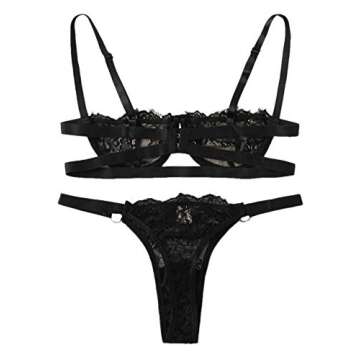 SheIn Women's 2 Piece Sexy Lace Strap Bralette Bra and Panty Lingerie Set Push Up Black Small