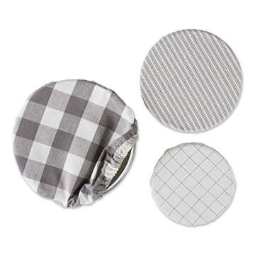 DII Reusable Cloth Bowl Cover Collection Machine Washable, Cotton with Elastic Stretch for Food Storage, 10.25"/8.25"/7.5" Diameter, Farmhouse Plaid, Gray, 3 Piece