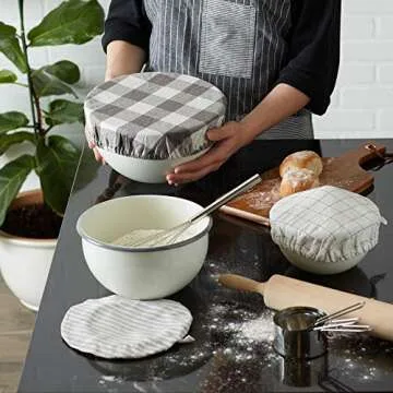 DII Reusable Cloth Bowl Cover Collection Machine Washable, Cotton with Elastic Stretch for Food Storage, 10.25"/8.25"/7.5" Diameter, Farmhouse Plaid, Gray, 3 Piece