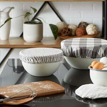 DII Reusable Cloth Bowl Cover Collection Machine Washable, Cotton with Elastic Stretch for Food Storage, 10.25"/8.25"/7.5" Diameter, Farmhouse Plaid, Gray, 3 Piece