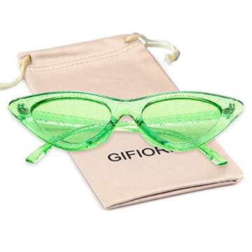 GIFIORE Retro Vintage Cat Eye Sunglasses for Women Trendy Narrow Cateye Frame Sun Glasses (Neon Green Frame Green Lens with Glitter)