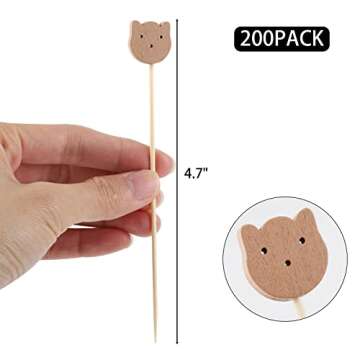 200 Pcs Bamboo Cocktail Picks 4.7 Inch Bear Face Cocktail Sticks Food Picks Garnish Sticks Decorativ...