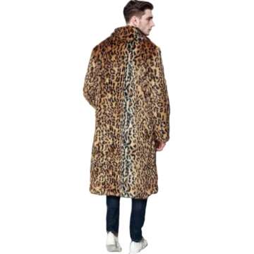 UMREN Mens Faux Fur Coat Long Black Jacket Warm Furry Overcoat Outwear (Small, A-Leopard)