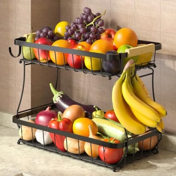 Sevenblue 2 Tier Fruit Basket for Kitchen with 2 Banana Hangers, Detachable Metal Fruit Bowl for Kit...