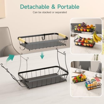 Sevenblue 2 Tier Fruit Basket for Kitchen with 2 Banana Hangers, Detachable Metal Fruit Bowl for Kitchen Counter for Fruit and Vegetable Storage, Large Capacity Rectangular Storage Stand Bowls