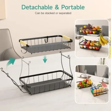 Sevenblue 2 Tier Fruit Basket for Kitchen with 2 Banana Hangers, Detachable Metal Fruit Bowl for Kitchen Counter for Fruit and Vegetable Storage, Large Capacity Rectangular Storage Stand Bowls