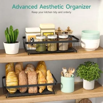 Sevenblue 2 Tier Fruit Basket for Kitchen with 2 Banana Hangers, Detachable Metal Fruit Bowl for Kitchen Counter for Fruit and Vegetable Storage, Large Capacity Rectangular Storage Stand Bowls