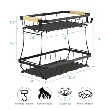 Sevenblue 2 Tier Fruit Basket for Kitchen with 2 Banana Hangers, Detachable Metal Fruit Bowl for Kitchen Counter for Fruit and Vegetable Storage, Large Capacity Rectangular Storage Stand Bowls
