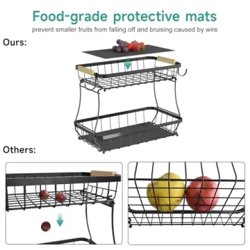 Sevenblue 2 Tier Fruit Basket for Kitchen with 2 Banana Hangers, Detachable Metal Fruit Bowl for Kitchen Counter for Fruit and Vegetable Storage, Large Capacity Rectangular Storage Stand Bowls