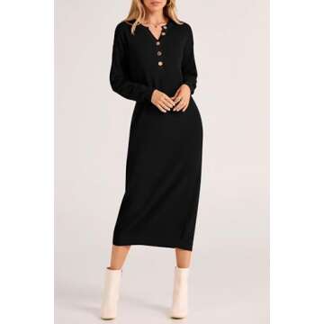 PRETTYGARDEN Women's Fall Knit Sweater Dress - Button V Neck