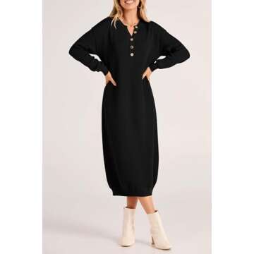 PRETTYGARDEN Women's Fall Knit Sweater Dress - Button V Neck