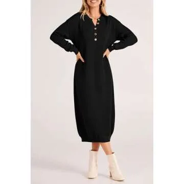 PRETTYGARDEN Women's Fall Knit Sweater Dress - Button V Neck