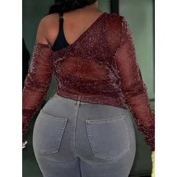 SOLY HUX Women's Plus Size T Shirts See Through Sheer Tops Off The Shoulder Long Sleeve Sexy Sparkly...