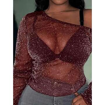 SOLY HUX Women's Plus Size T Shirts See Through Sheer Tops Off The Shoulder Long Sleeve Sexy Sparkly Tee Solid Burgundy 0XL