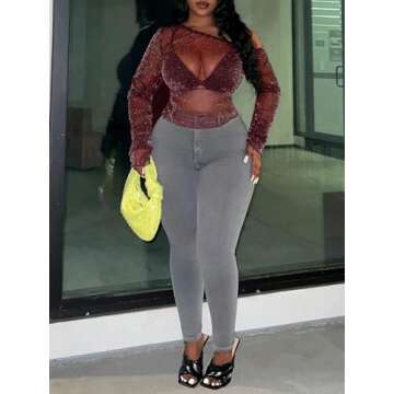 SOLY HUX Women's Plus Size T Shirts See Through Sheer Tops Off The Shoulder Long Sleeve Sexy Sparkly Tee Solid Burgundy 0XL