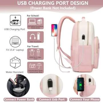 Laptop Backpack Women Work Bags - 15.6 inch Travel Backpack with USB Charger College Bookbag Waterproof Business Computer Backpack Anti-theft Casual Work Backpacks for Women Nurse Teacher Beige-Pink
