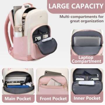 Laptop Backpack Women Work Bags - 15.6 inch Travel Backpack with USB Charger College Bookbag Waterproof Business Computer Backpack Anti-theft Casual Work Backpacks for Women Nurse Teacher Beige-Pink