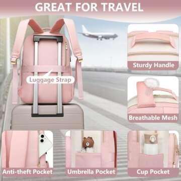 Laptop Backpack Women Work Bags - 15.6 inch Travel Backpack with USB Charger College Bookbag Waterproof Business Computer Backpack Anti-theft Casual Work Backpacks for Women Nurse Teacher Beige-Pink