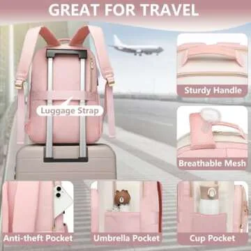 Laptop Backpack Women Work Bags - 15.6 inch Travel Backpack with USB Charger College Bookbag Waterproof Business Computer Backpack Anti-theft Casual Work Backpacks for Women Nurse Teacher Beige-Pink