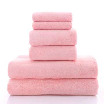 MOONQUEEN Ultra Soft Towel Set - Quick Drying - 2 Bath Towels 2 Hand Towels 2 Washcloths - Microfiber Coral Velvet Highly Absorbent Towel for Fitness, Bathroom, Sports, Yoga, Travel (Pink, 6 Pcs)