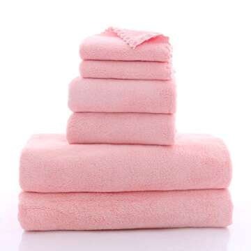 MOONQUEEN Ultra Soft Towel Set - Quick Drying - 2 Bath Towels 2 Hand Towels 2 Washcloths - Microfiber Coral Velvet Highly Absorbent Towel for Fitness, Bathroom, Sports, Yoga, Travel (Pink, 6 Pcs)
