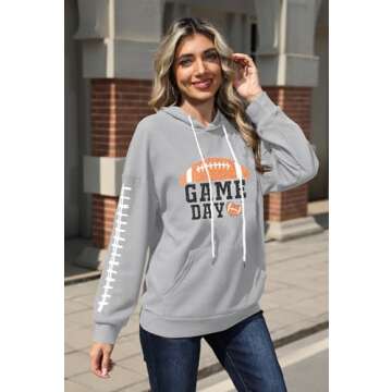 Zylkor Game Day Hooded Sweater Women American Football Graphic Sweatshirts Football Season Casual Sport Pullover Hoodies Gray