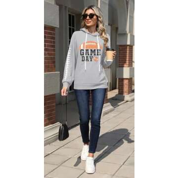 Zylkor Game Day Hooded Sweater Women American Football Graphic Sweatshirts Football Season Casual Sport Pullover Hoodies Gray