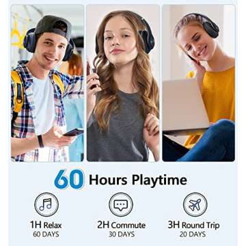 Bluetooth Headphones Over Ear, 60 Hours Playtime Foldable Headphones Wireless Bluetooth Hi-Fi Stereo Deep Bass with 6 EQ Modes, Adjustable Lightweight Headset with Microphone, FM, SD/TF for Adults