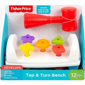 Fisher-Price Toddler Toy Tap & Turn Bench Pretend Tools 2-Sided Construction Set for Ages 1+ Years
