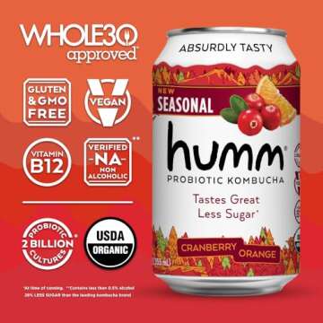 Humm Whole30 Approved Kombucha Variety Pack, Cranberry Orange, Mixed Berry, Strawberry Blossom, Organic, Vegan & GMO Free (12 Pack)
