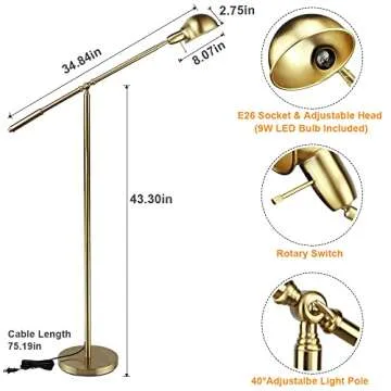 DINGLILIGHTING DLLT Metal Floor Lamp, Adjustable Swing Arm Reading Standing Lamp, 9W Modern Pole Light Brass Task Lighting for Living Room Bedroom Office Home Decor, E26 Bulb Included, Gold