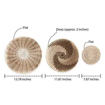 Handmade Hanging Wall Basket Decor - (Set of 3) - Round Woven Basket Wall Decor - Natural Boho Home Decor - Decorative Seagrass Bowl and Trays - Flat and Round Wicker Wall Décor - Boho Wall Baskets