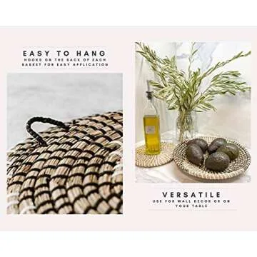 Handmade Hanging Wall Basket Decor - (Set of 3) - Round Woven Basket Wall Decor - Natural Boho Home Decor - Decorative Seagrass Bowl and Trays - Flat and Round Wicker Wall Décor - Boho Wall Baskets